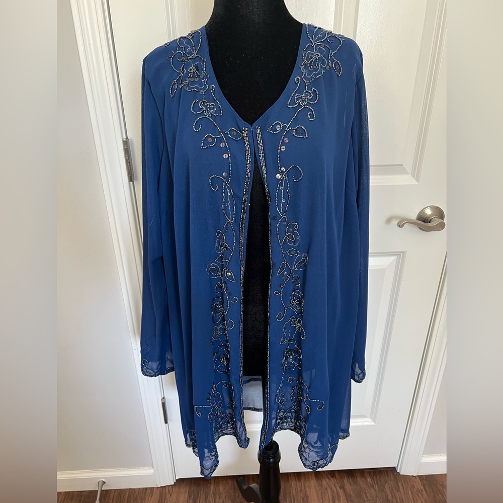 Susan Graver Blue Sheer Embellished Jacket/Cardigan - Size 1X
